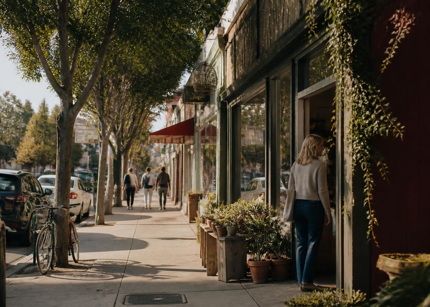 Tree-lined East Bay main street with small local businesses in Contra Costa County, California