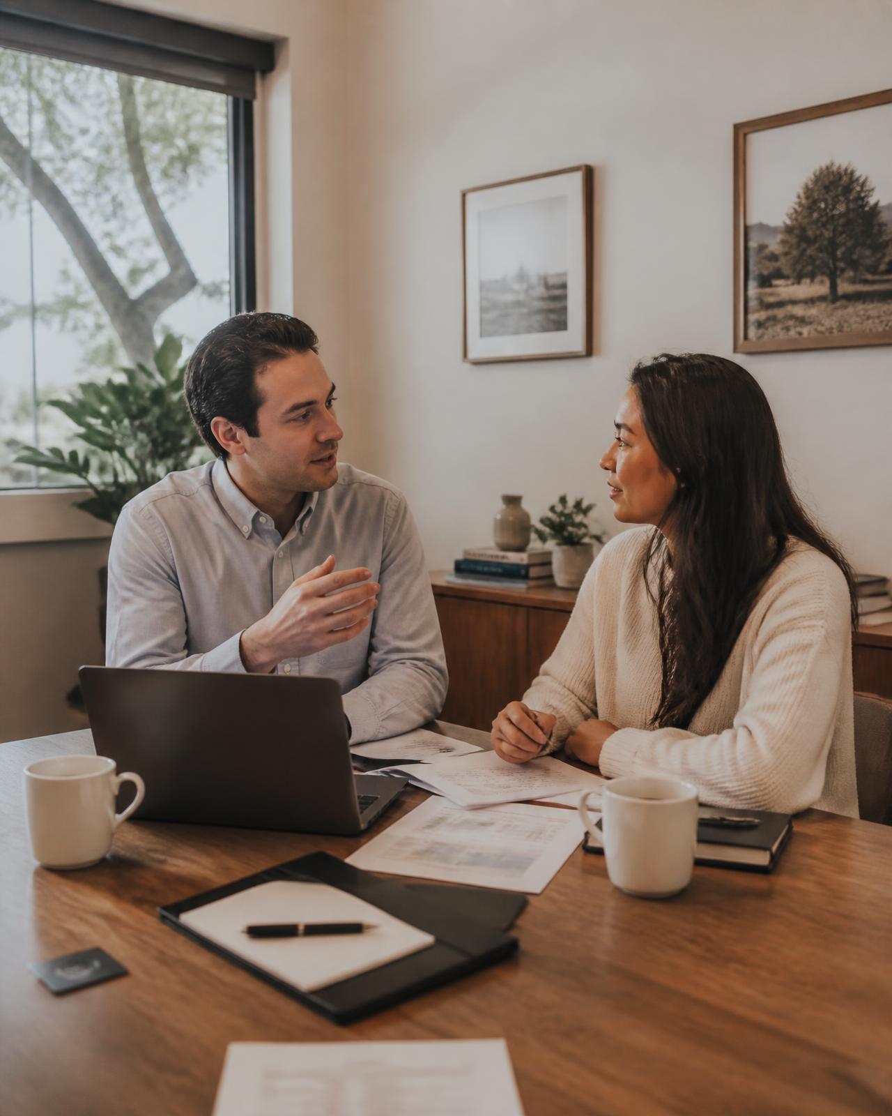 Two API Accounting advisors reviewing a client's financials at a sunlit office table in Concord, California